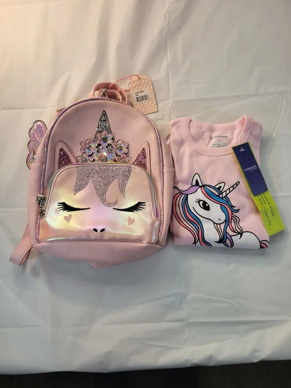 Girls Small Backpack Iridescent Glitter Pink Unicorn *w/Bonus Unicorn PJs Size 7